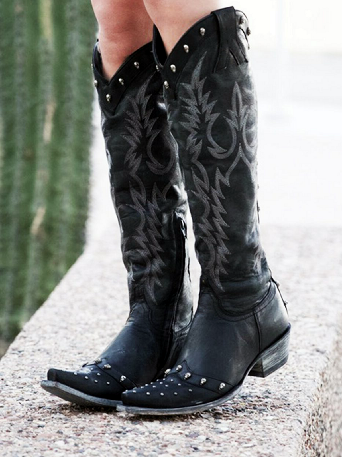 Black Snip-Toe Studded Embroidery Skull Applique Half-Zip Tall Knee High Cowgirl Boots