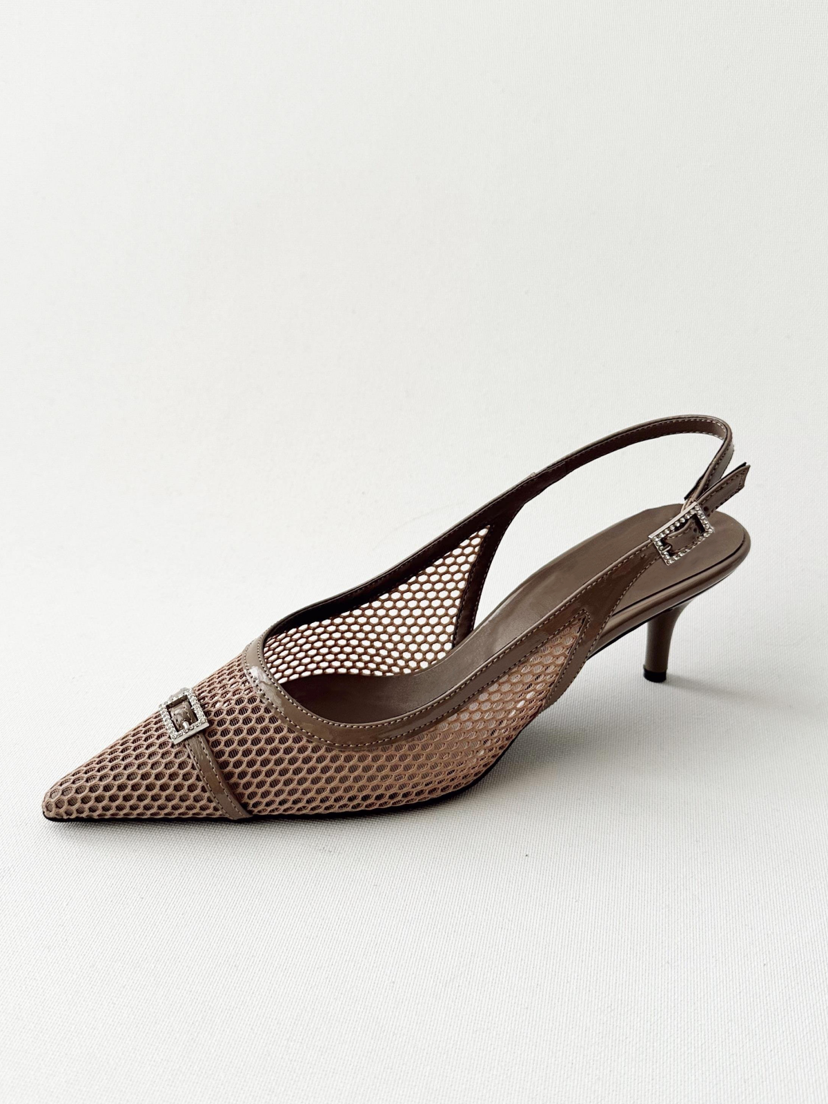 Taupe Fishnet Rhinestone Buckled Strap Kitten Heels Slingback Pumps