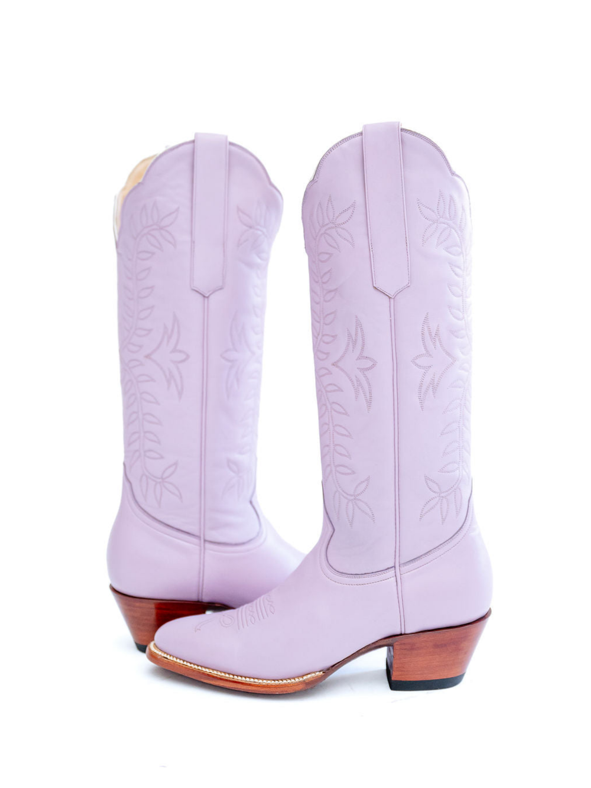 Leaves Embroidery Almond-Toe Wide Mid Calf Cowgirl Boots - Lavender