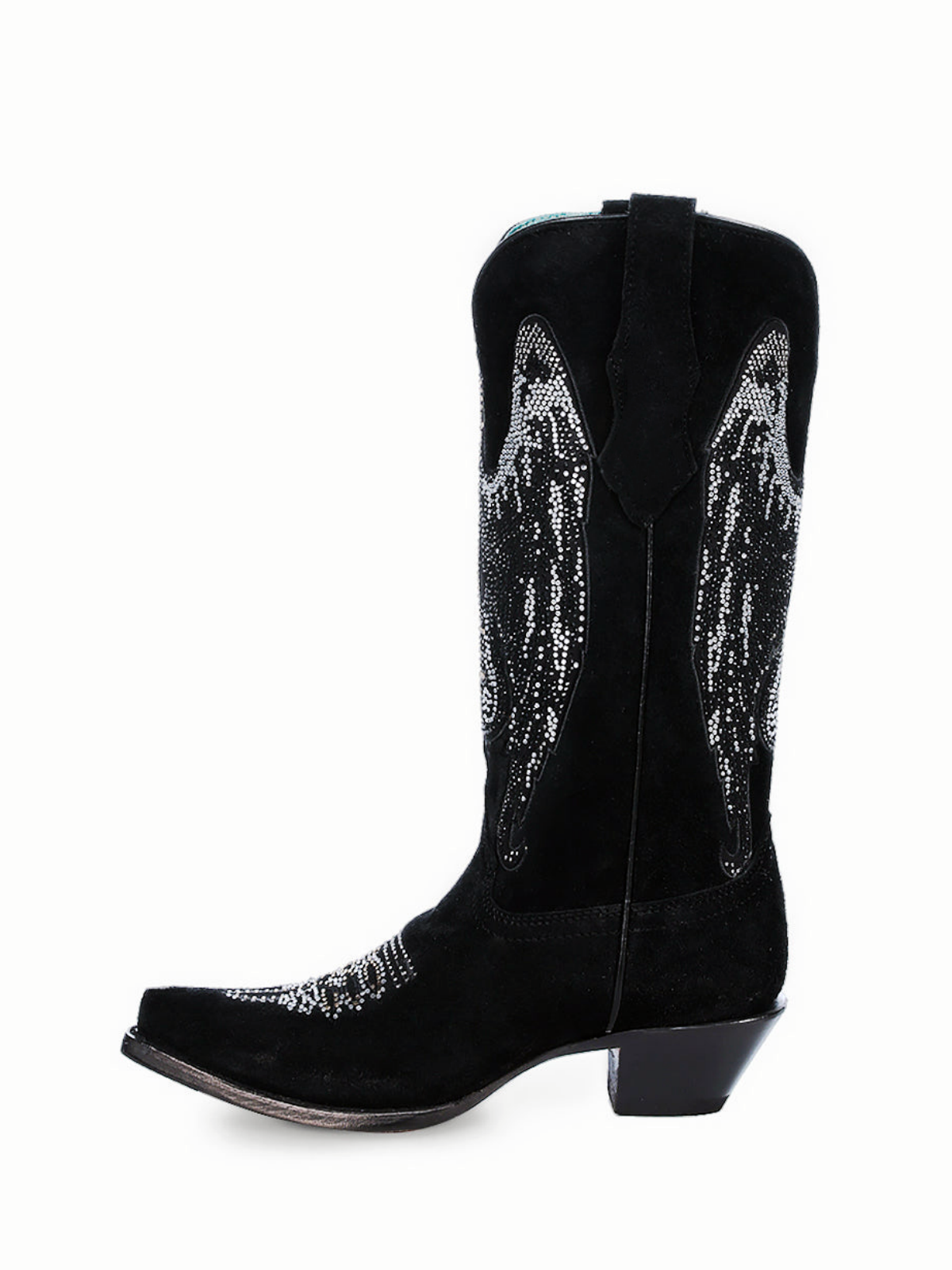 Black Faux Suede Snip-Toe Studded Rhinestone Wide Mid Calf Tall Cowgirl Boots