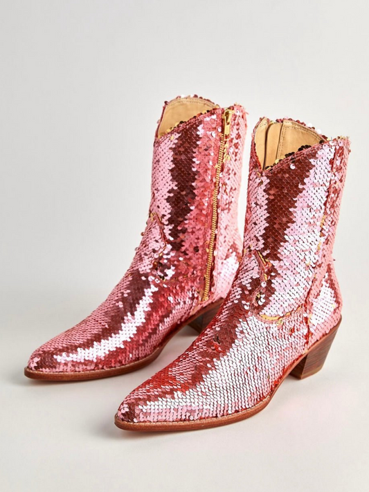 Red Embroidered Sequin Faux Suede Almond-Toe Full-Zip Mid Calf Cowgirl Boots