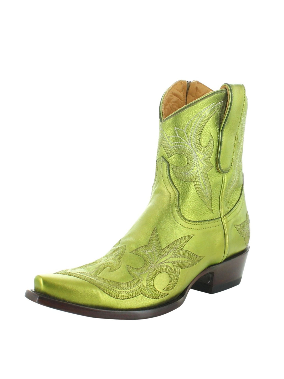 Metallic Snip-Toe Embroidery Full-Zip Mid Calf Cowgirl Boots - Green