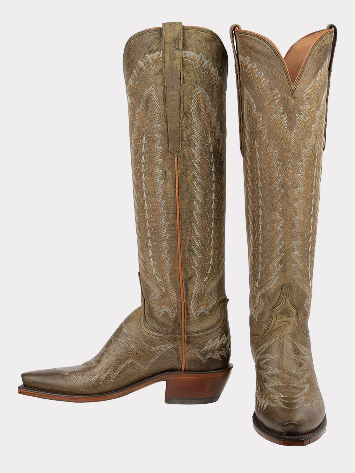 Snip-Toe Embroidery Wide Calf Knee High Tall Cowgirl Boots - Green