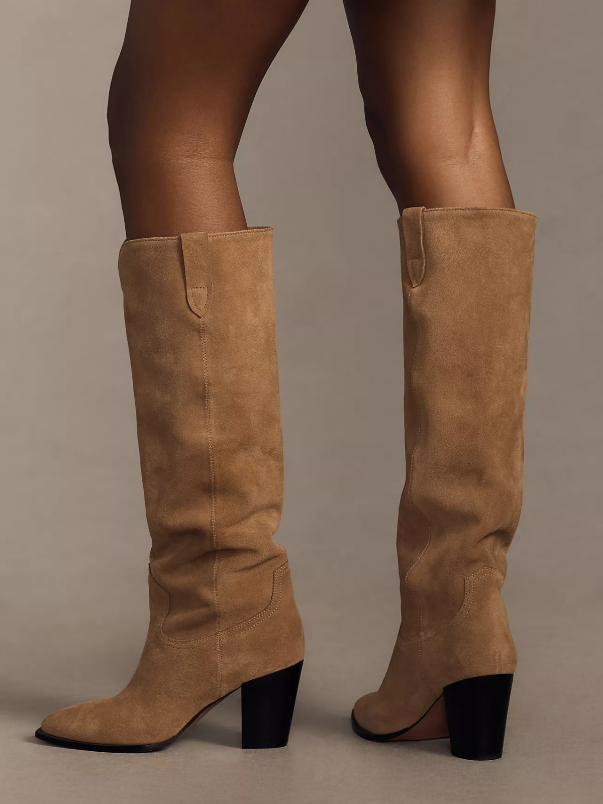 Tan Faux Suede Almond-Toe Wide Mid Calf Western Boots For Women