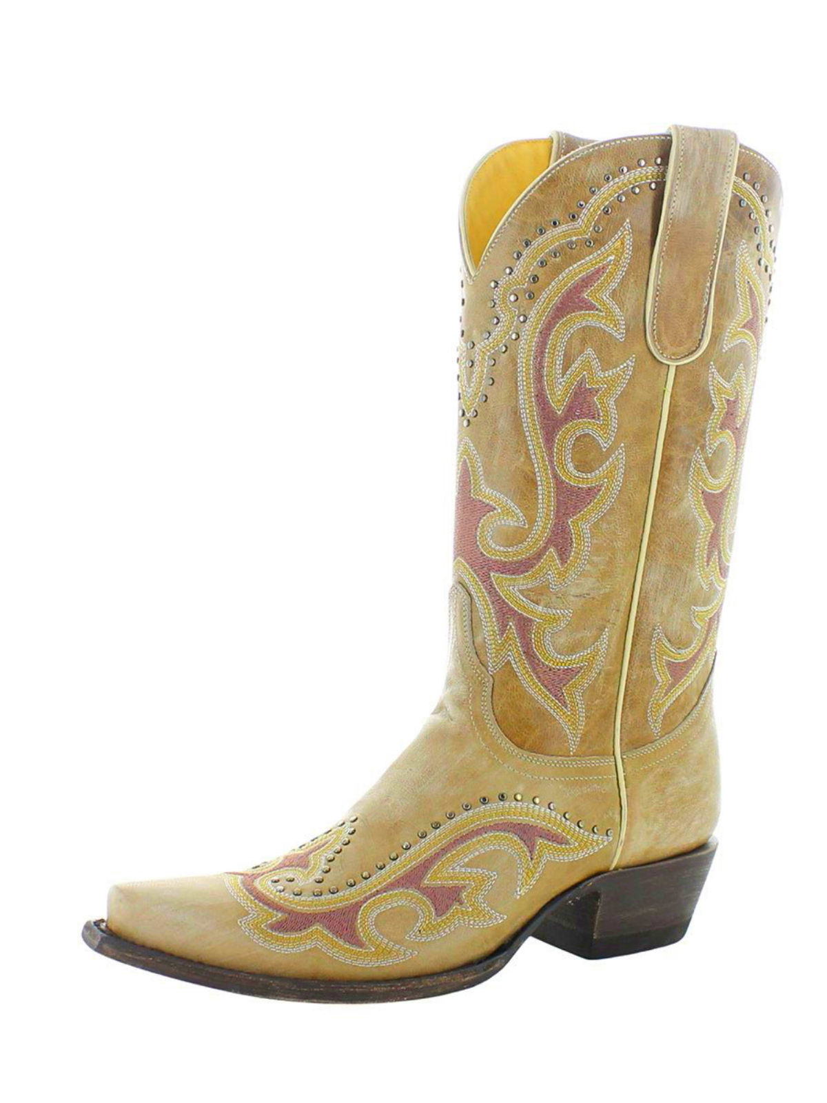 Bone Studded Snip-Toe Embroidery Wide Mid Calf Tall Cowgirl Boots