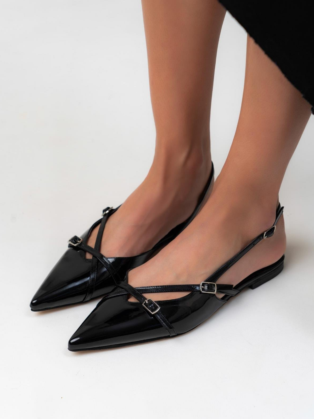 Black Patent Buckled Belt Detail Pointy Ballet Flats Slingbacks