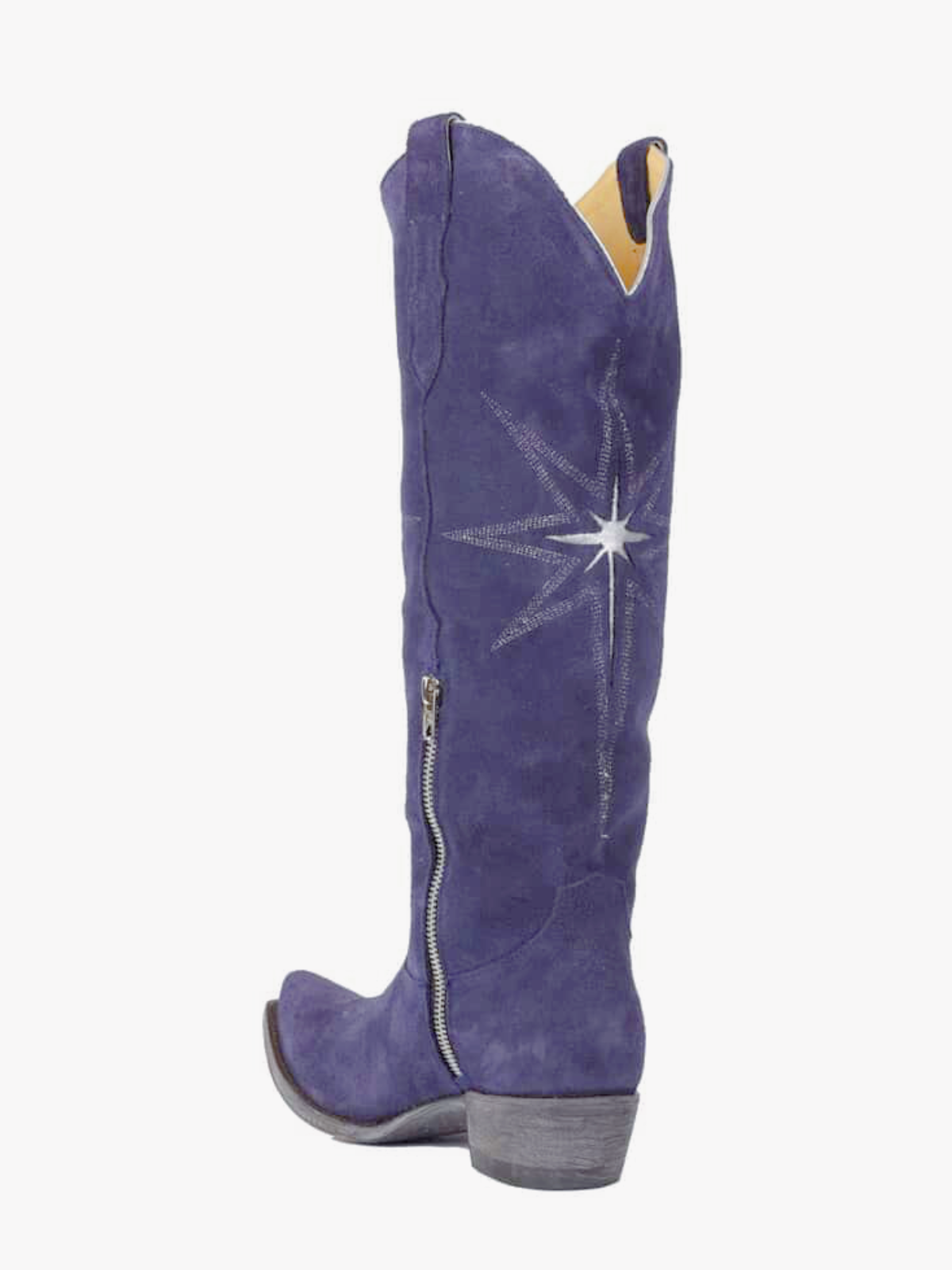 Indigo Faux Suede Snip-Toe Starburst Inlay Embroidery Half-Zip Tall Knee High Cowgirl Boots