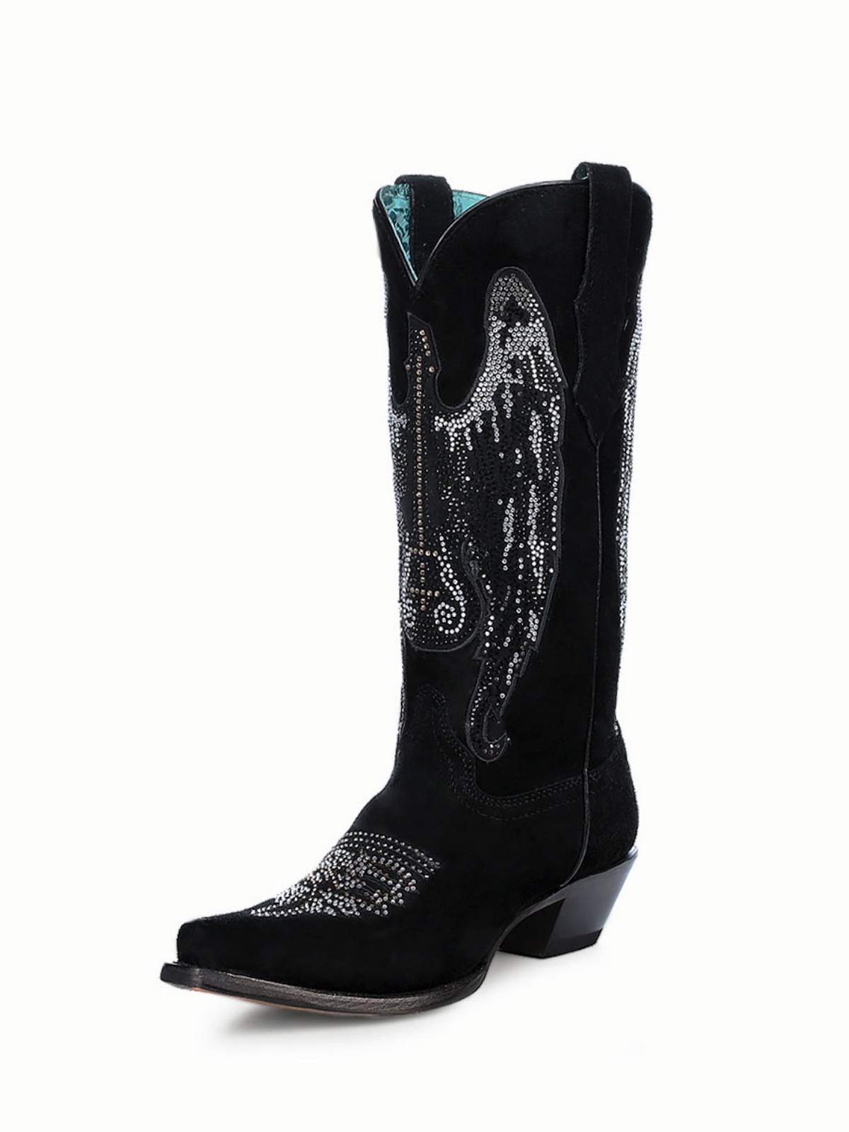 Black Faux Suede Snip-Toe Studded Rhinestone Wide Mid Calf Tall Cowgirl Boots