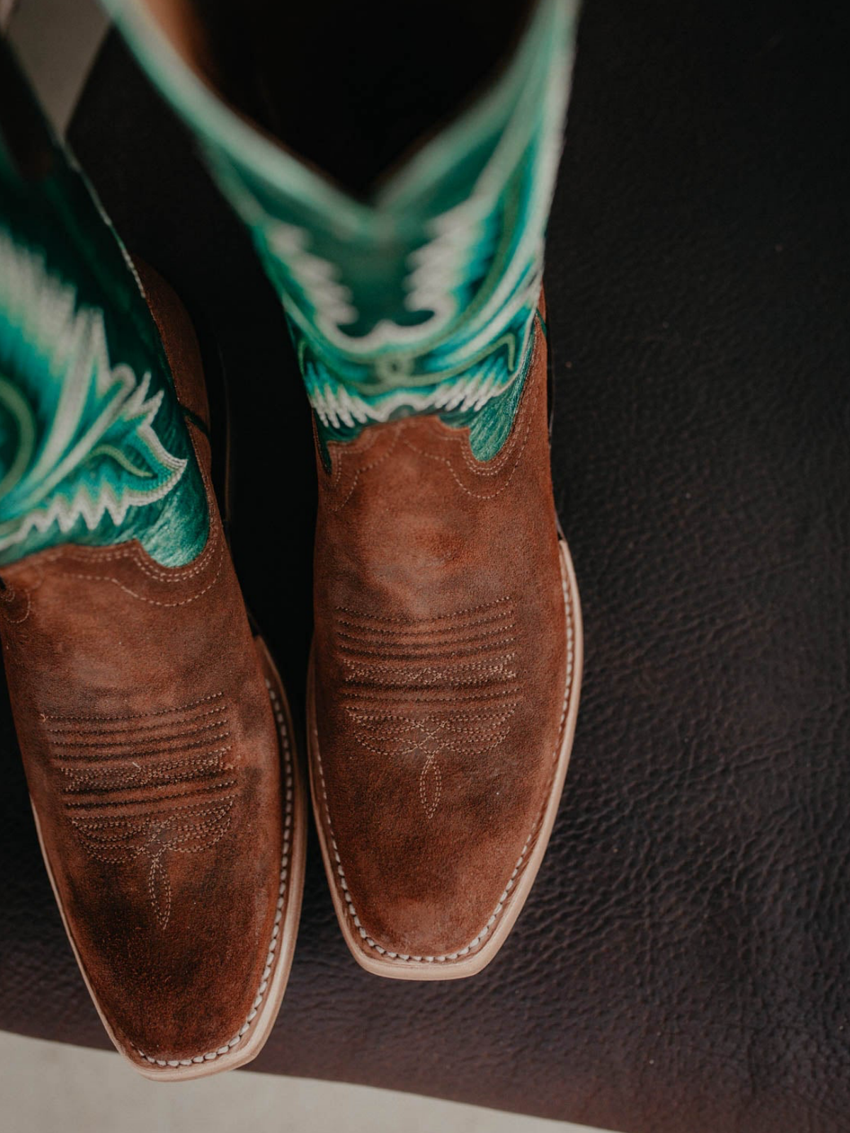 Contrast Brown And Green Square-Toe Embroidery Wide Mid Calf Cowgirl Boots