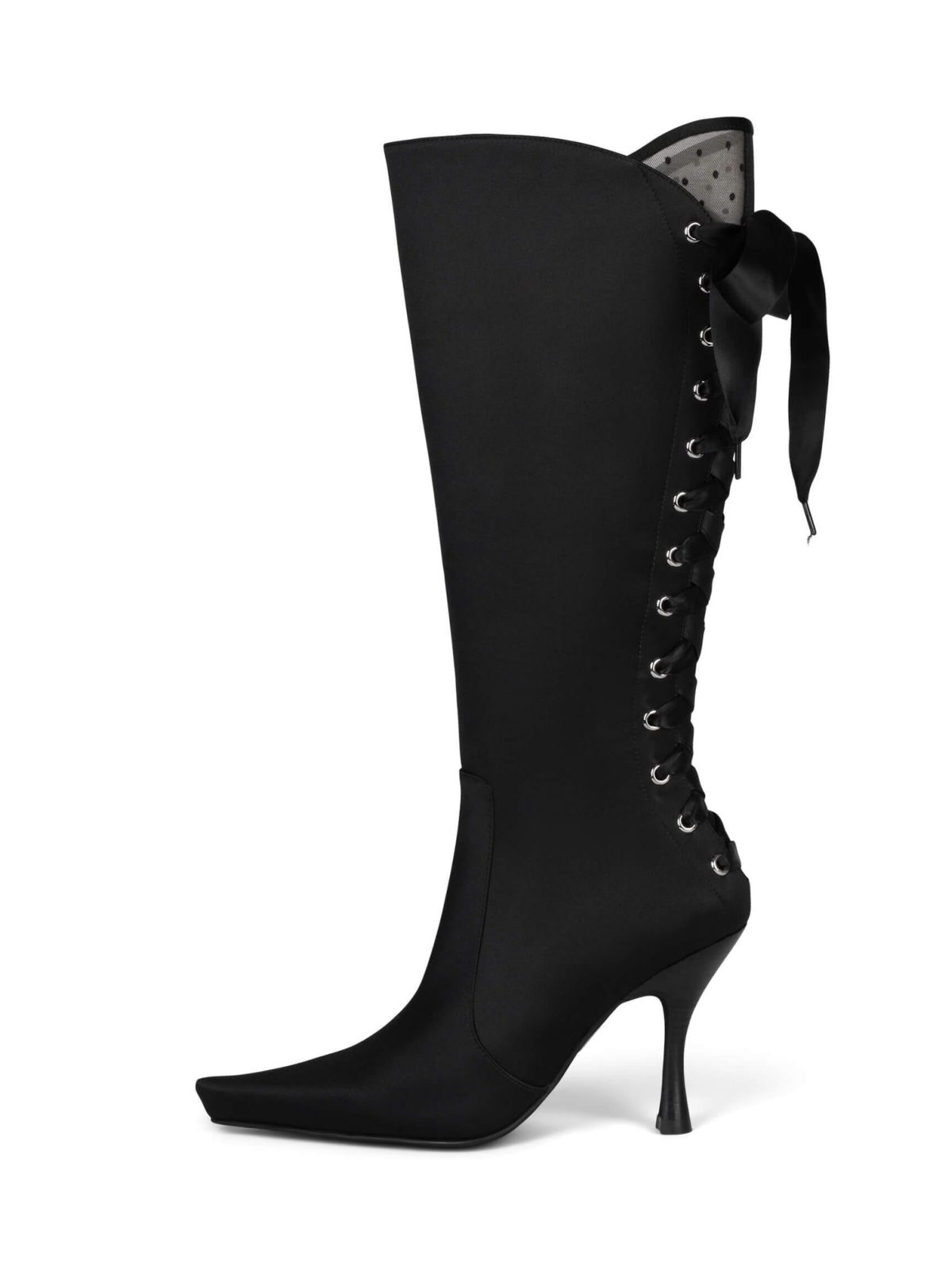 Black Satin Fabric Pointed-Toe Full-Zip Mid Calf Stiletto Boots With Lace-Up