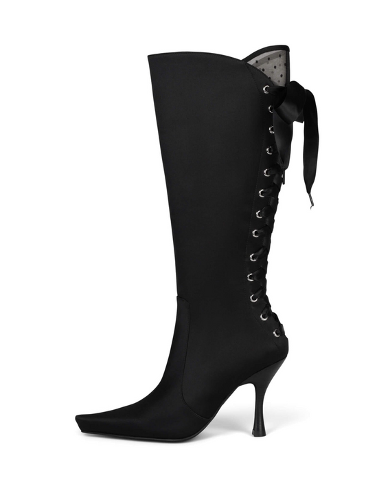 Black Satin Fabric Pointed-Toe Full-Zip Mid Calf Stiletto Boots With Lace-Up