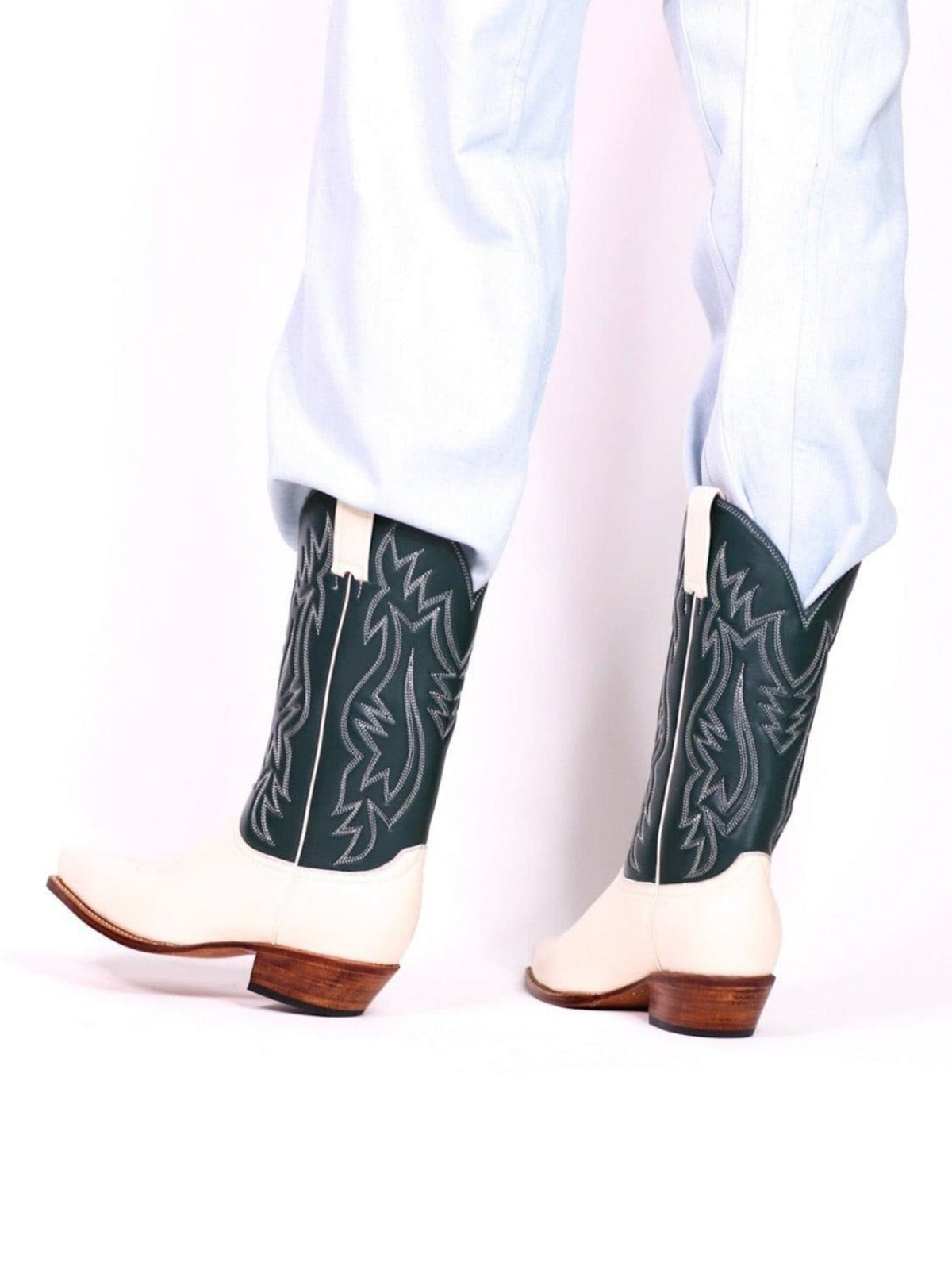 Contrast Cream And Green Snip-Toe Embroidery Wide Mid Calf Cowgirl Boots