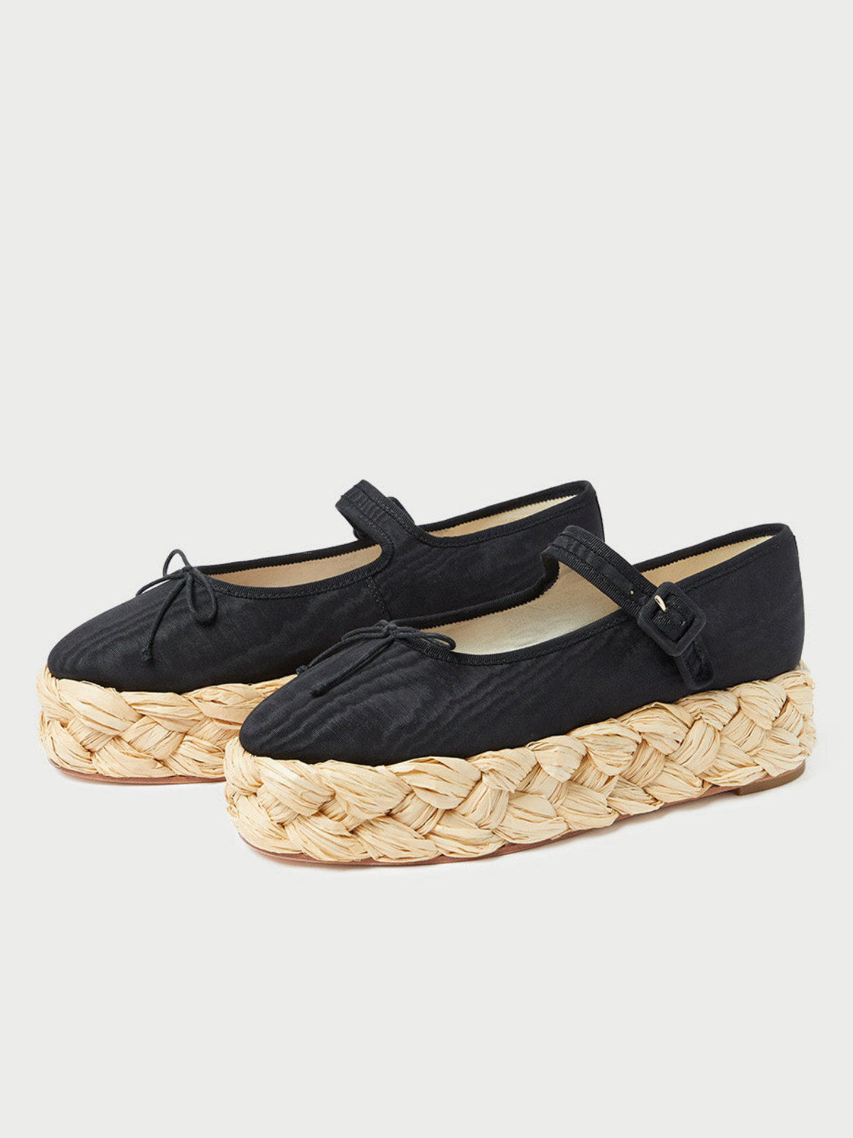 Black Cloth Almond-Toe Adjustable Bridge Strap Bow Espadrille Mary Janes Flats