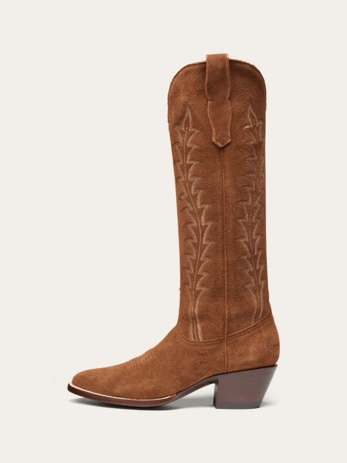 Brown Faux Suede Embroidery Almond-Toe Wide Mid Calf Tall Cowgirl Boots