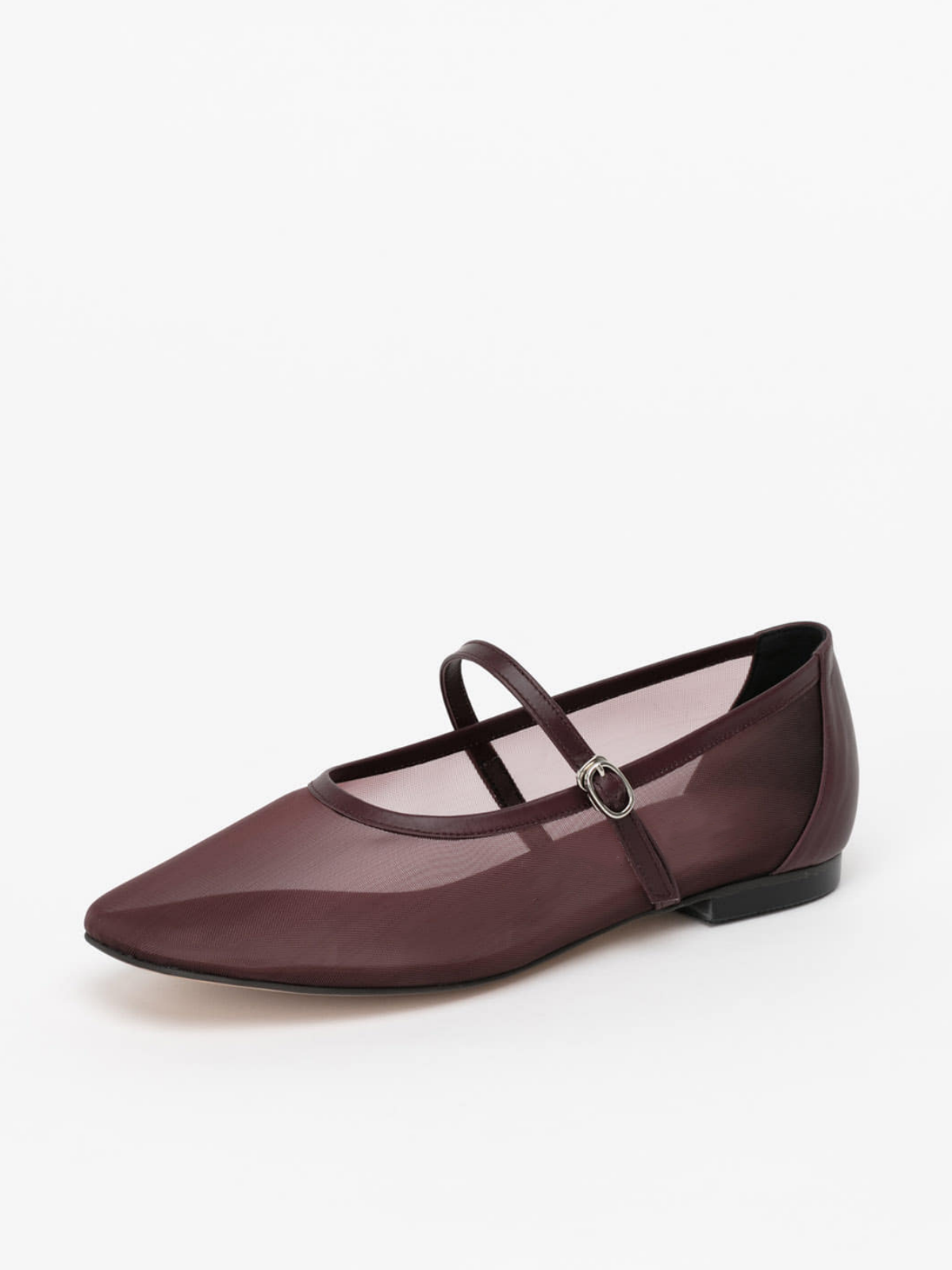 Maroon Mesh Square-Toe Flats Mary Janes With Adjustable Strap