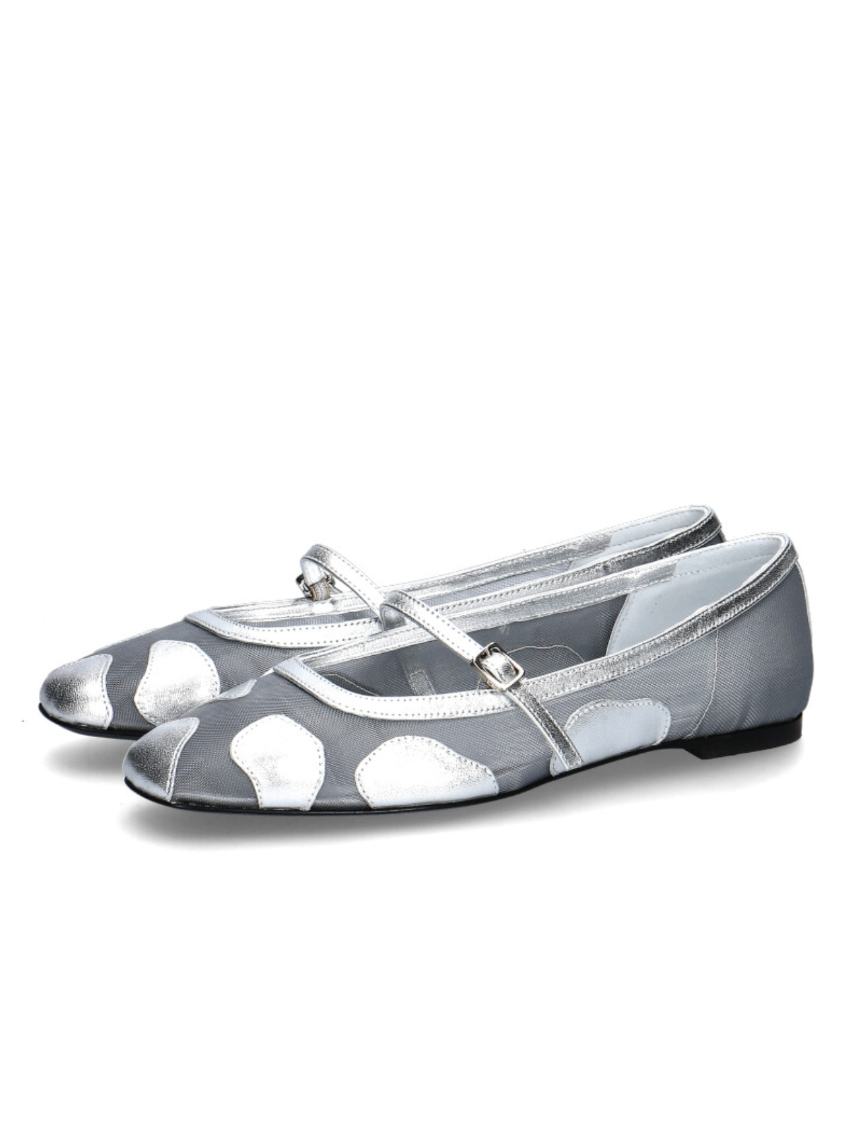 Metallic Silver Cow Pattern Mesh Square-Toe Ballet Flats Mary Janes