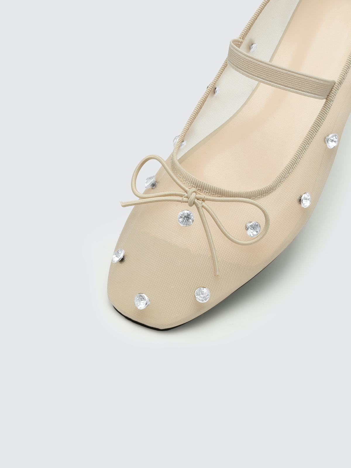 Beige Mesh Rhinestone Bow Square-Toe Ballet Flats Mary Janes