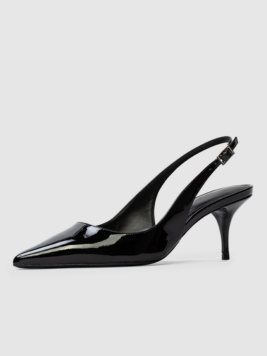 Black Patent Pointed-Toe Slingback Kitten Heels