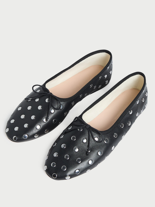 Black Almond-Toe Bow Ballet Flats With Silver Studs