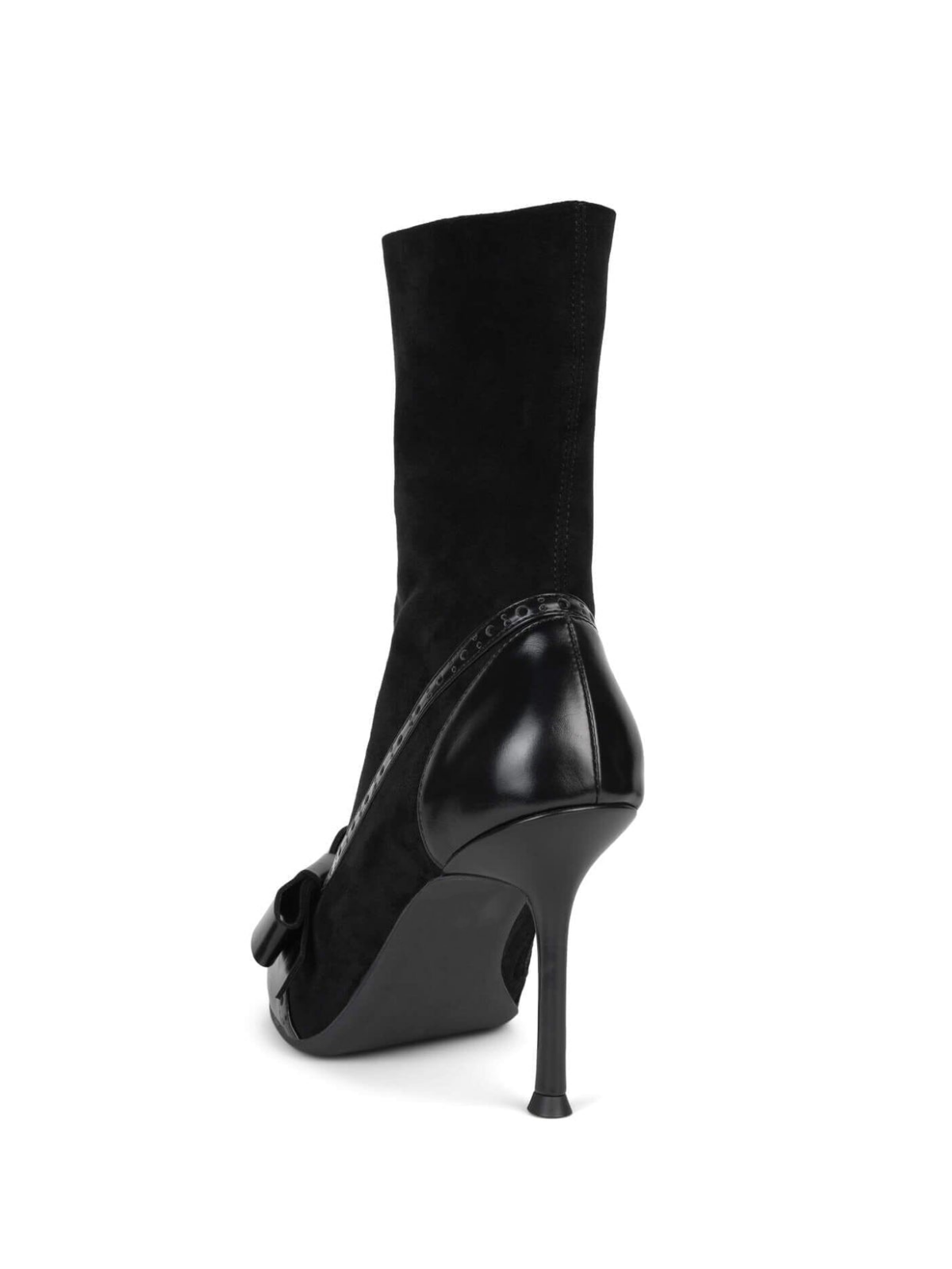 Black Pointed-Toe Full-Zip Mid Calf Stiletto Boots With Bow