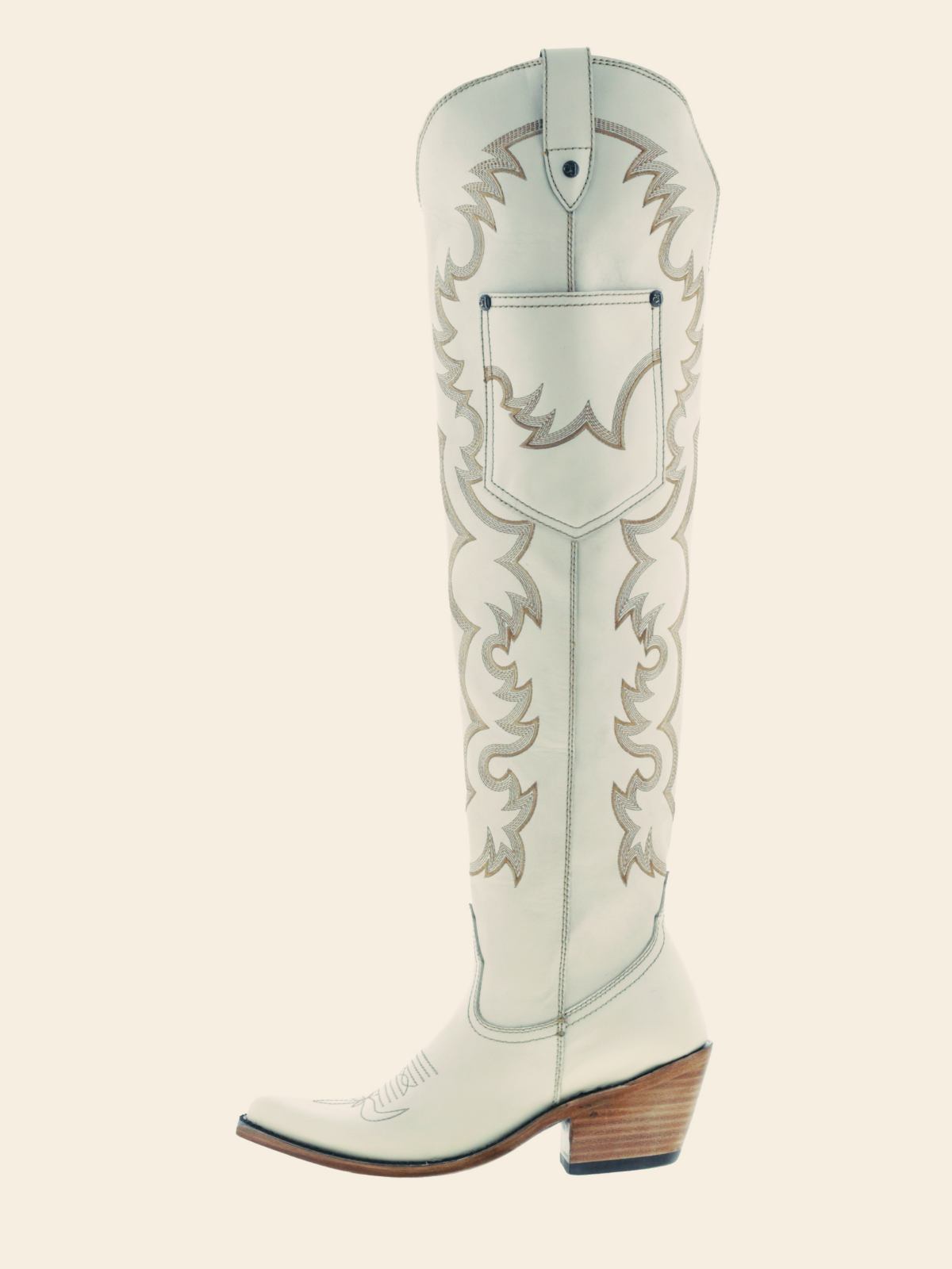 Ivory Embroidery Pointed-Toe Over-The-Knee Western Boots Half-Zip Pocket Cowgirl Boots