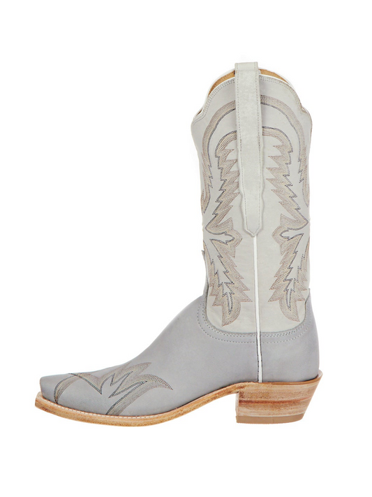 Contrast Ivory And Gray Snip-Toe Classic Embroidery Wide Calf Tall Knee High Cowgirl Boots