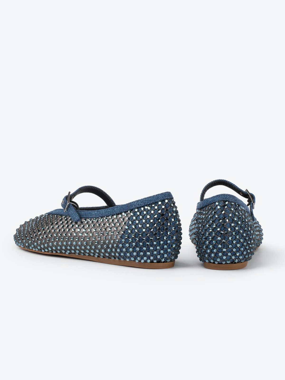 Denim Blue Rhinestone Fishnet Round-Toe Ballet Flats Mary Janes