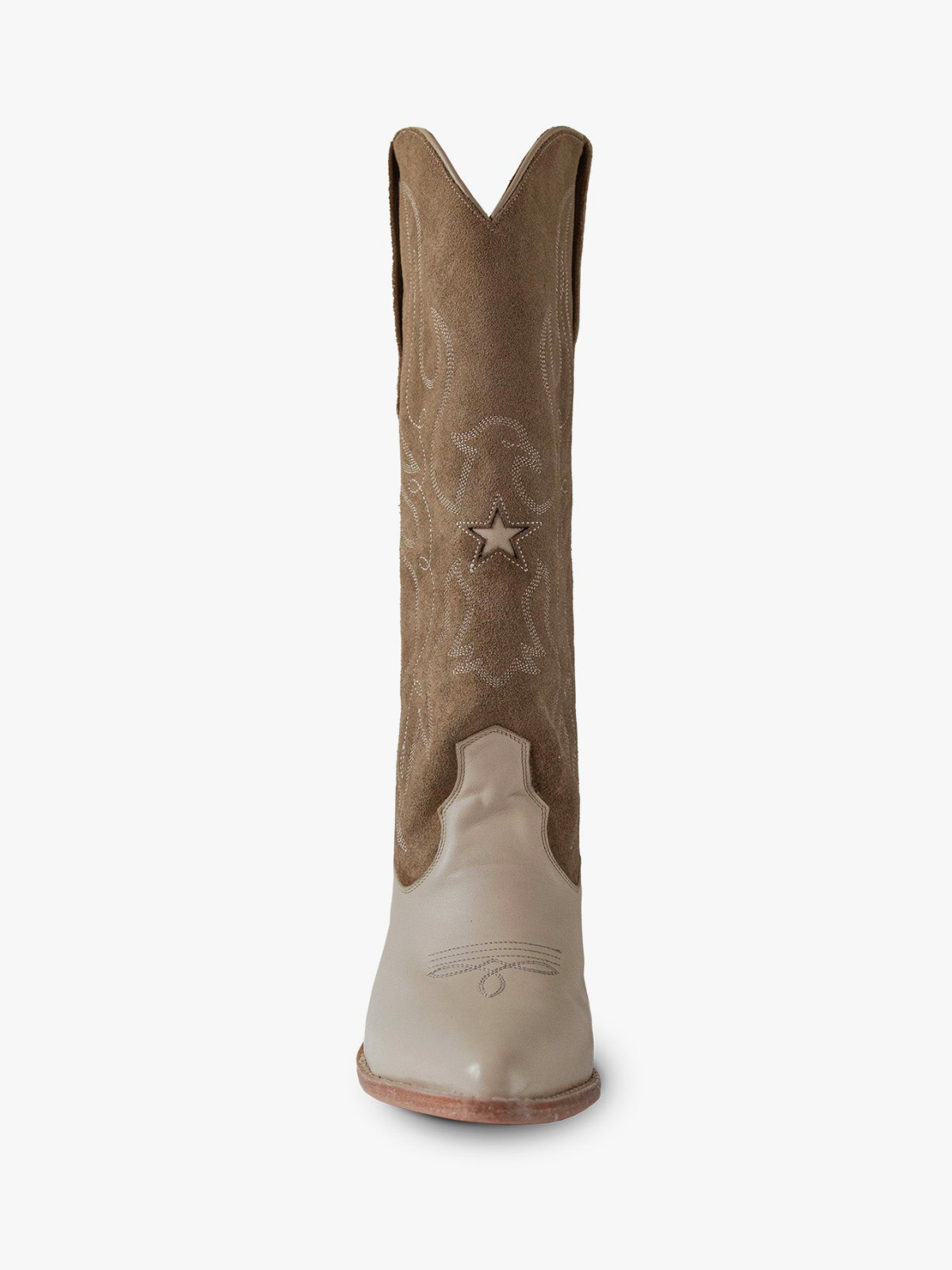 Contrast Taupe Faux Suede And Gray Snip-Toe Embroidery Star Inlay Wide Mid Calf Cowgirl Boots