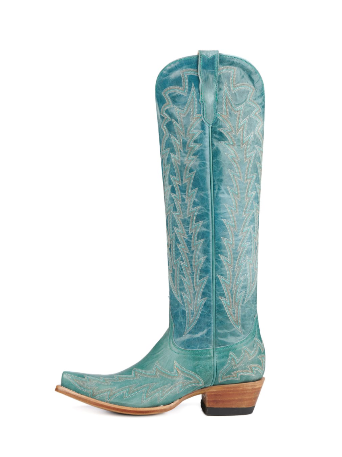 Distressed Turquoise Leaf Embroidery Wide Calf Knee High Tall Boots