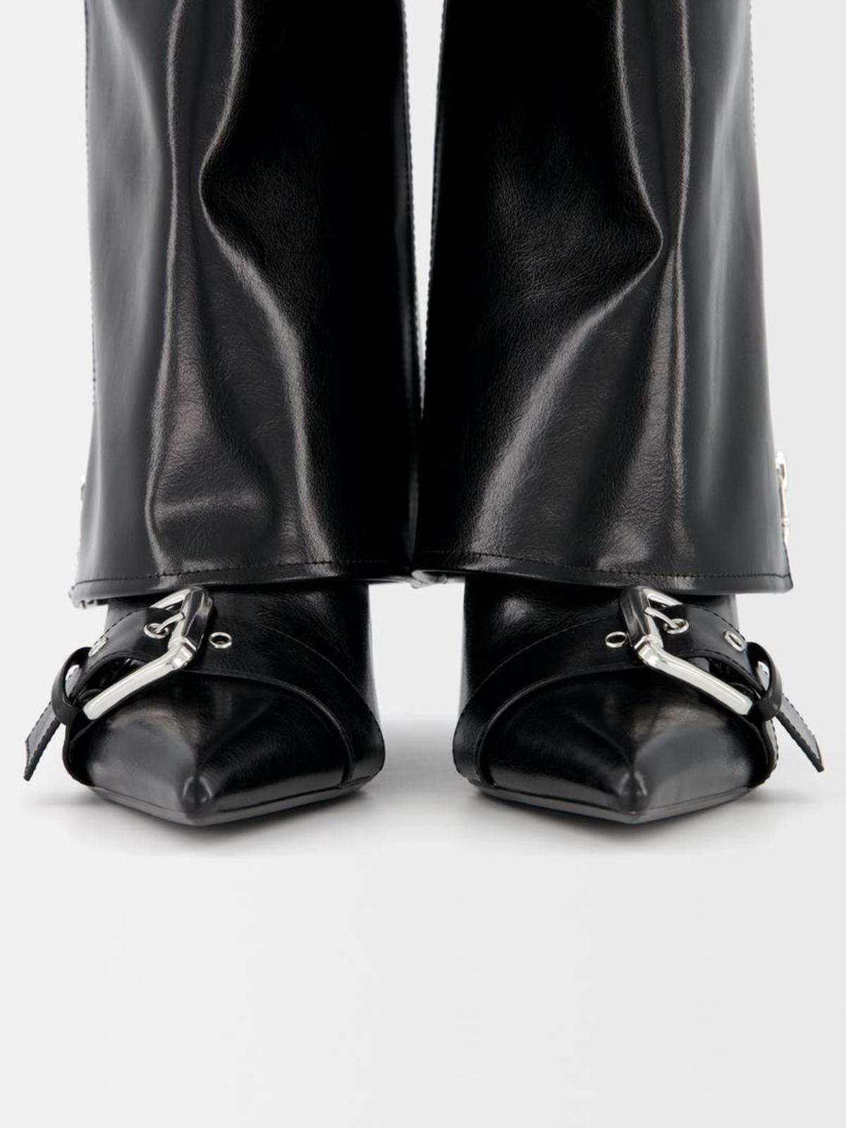 Black Pointed-Toe Fold-Over Mid Calf Half-Zip Stiletto Boots With Buckles