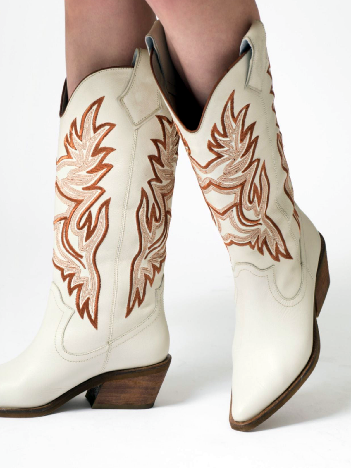 Ivory Vegan Leather Snip-Toe Embroidery Wide Mid Calf Tall Cowgirl Boots