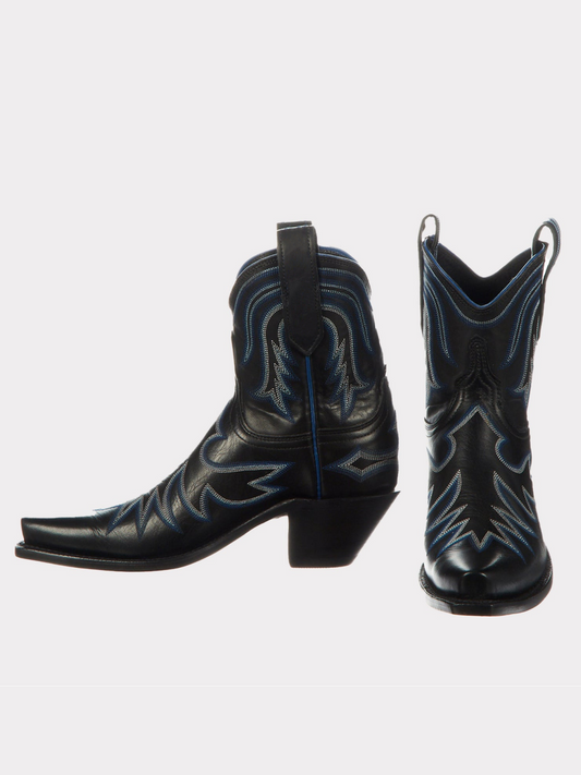 Black Snip-Toe Embroidery Wide Mid Calf Cowgirl Boots For Women