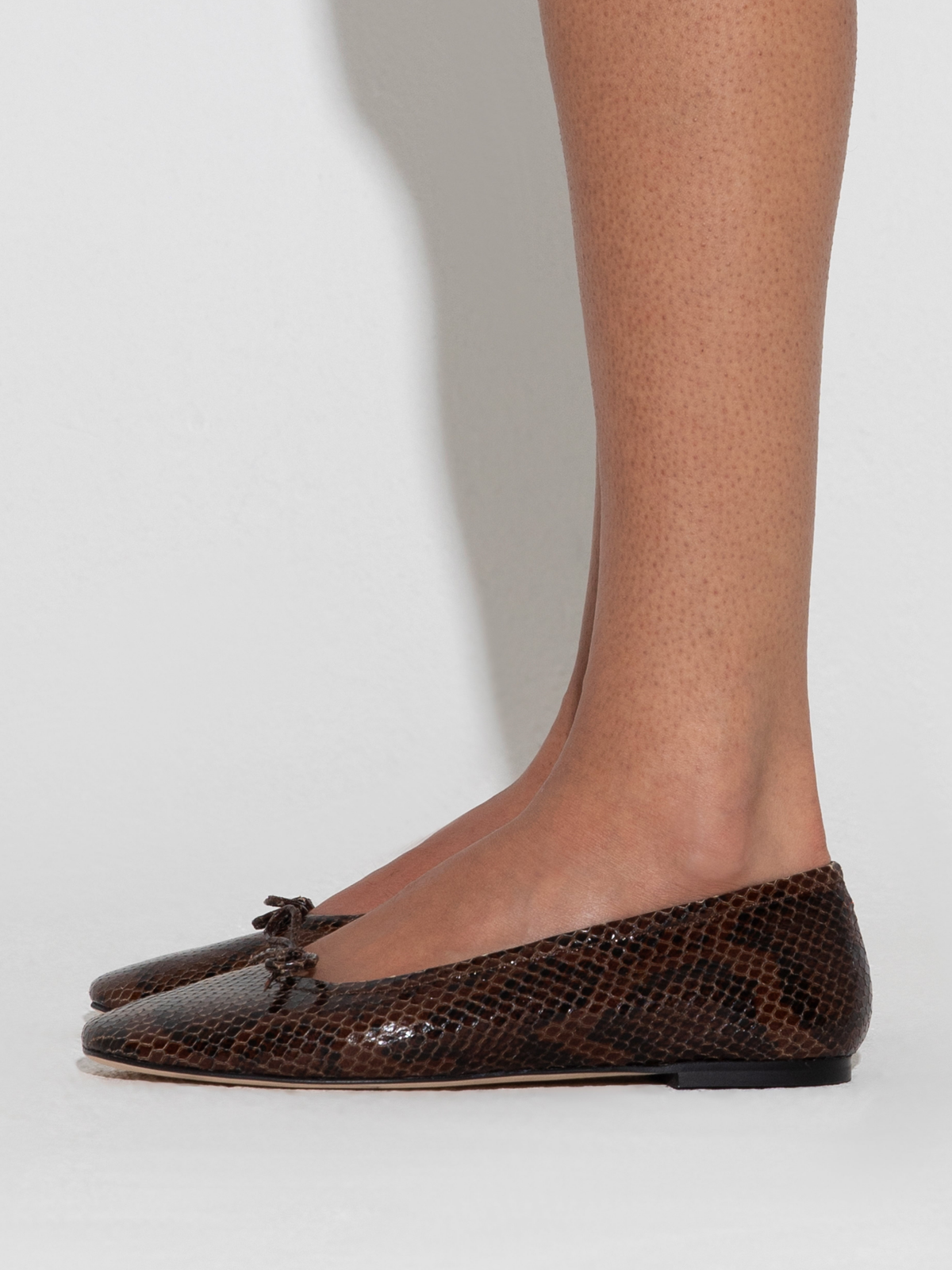 Moka Snakeskin Square-Toe Ballet Flats Bow