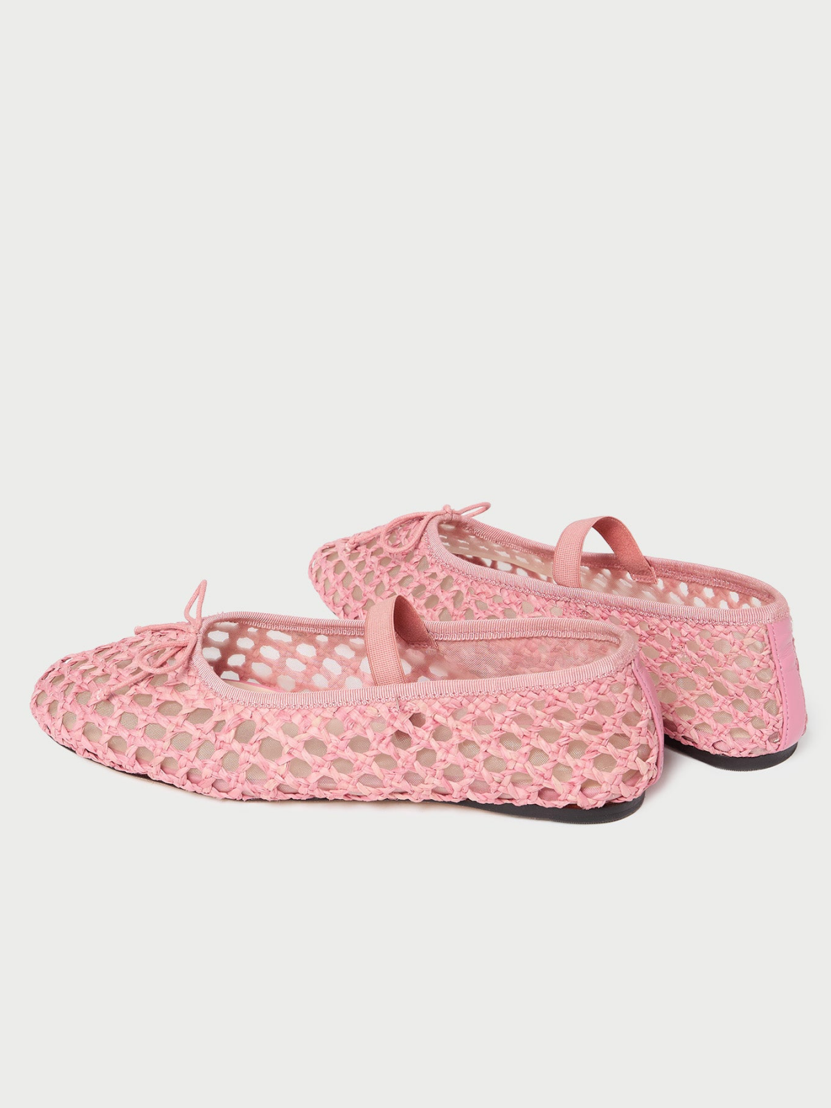 Pink Almond-Toe Straw-Woven Elastic Bridge Strap Bow Mesh Ballet Flats