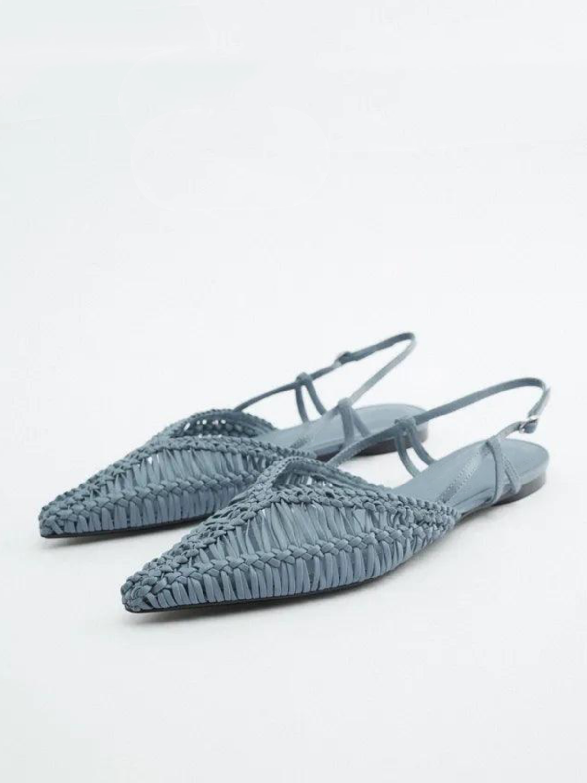 Pewter Blue Woven Pointy Slingback Ballerinas Flats With Buckled Strap