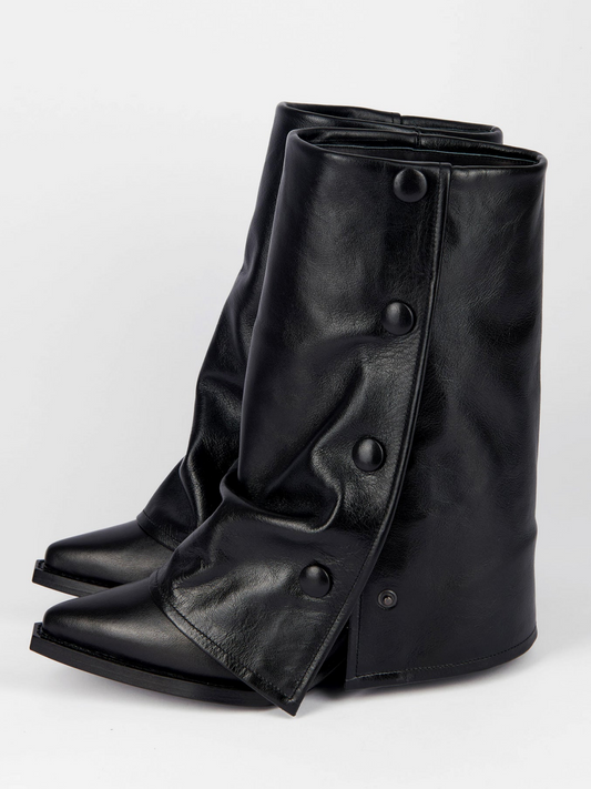 Black Snip-Toe Fold-Over Snapped Panel Wide Mid Calf Boots