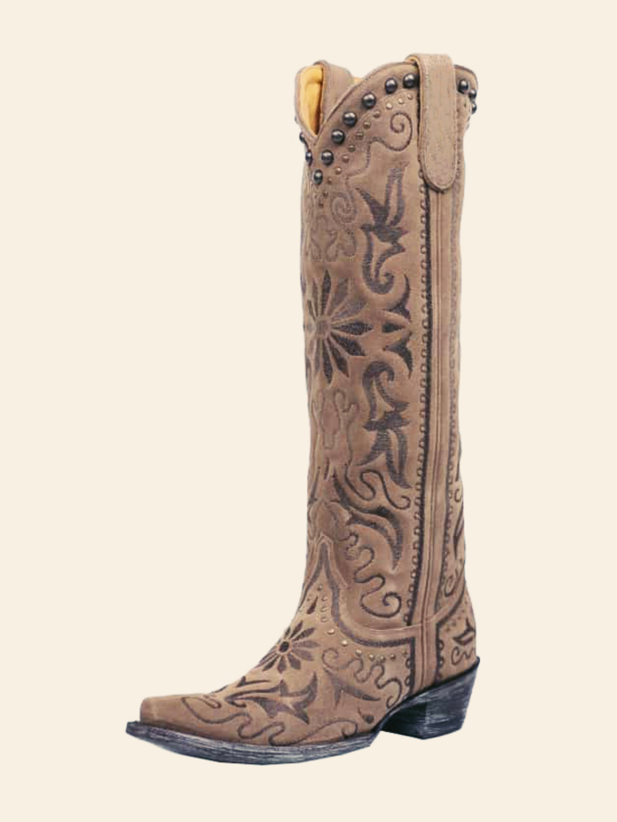 Light Brown Faux Suede Snip-Toe Complex Embroidery Studded Half-Zip Knee High Cowgirl Boots