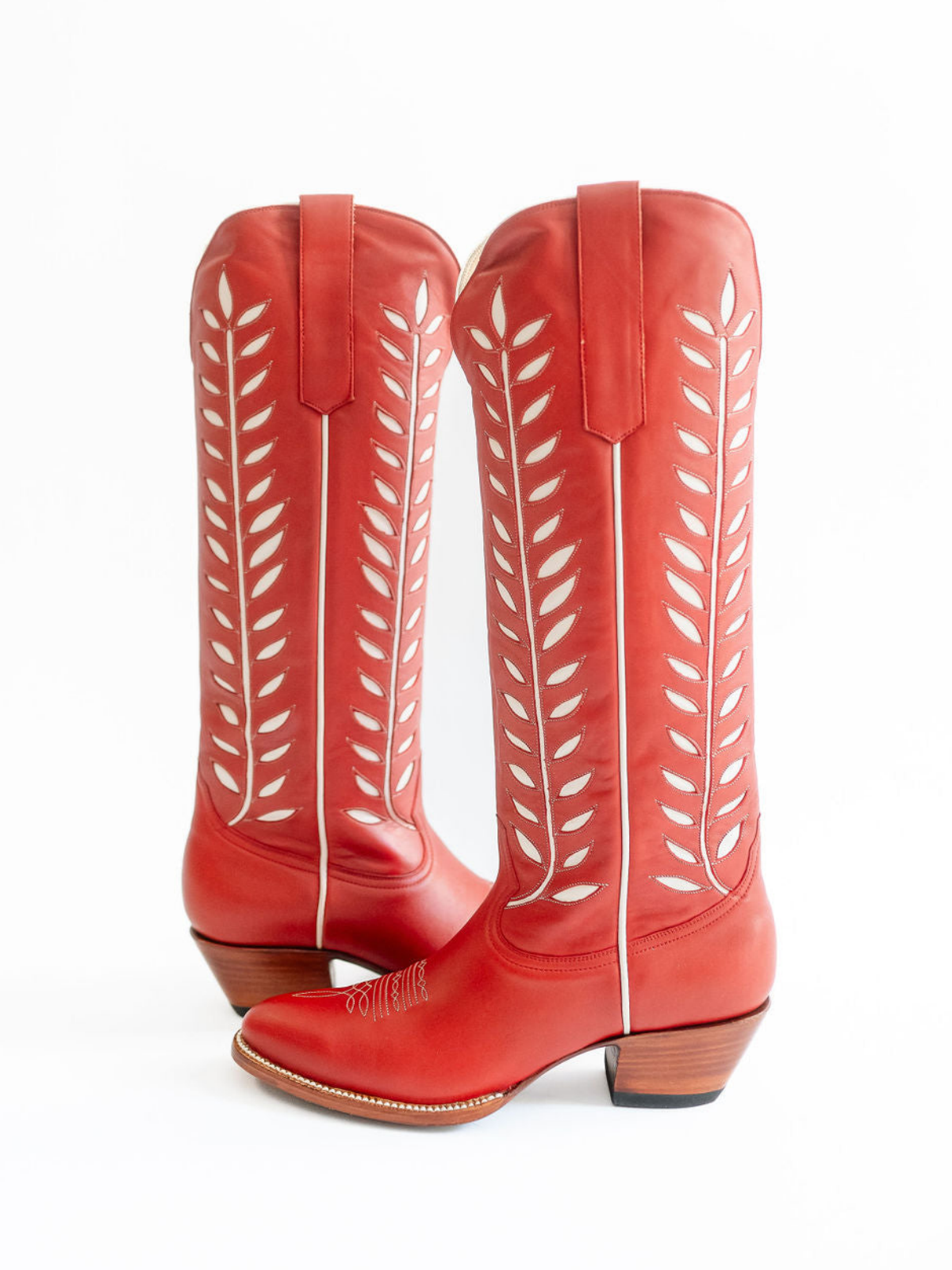 Almond-Toe Ivory Leaves Inlay Wide Calf Tall Knee High Cowgirl Boots - Red