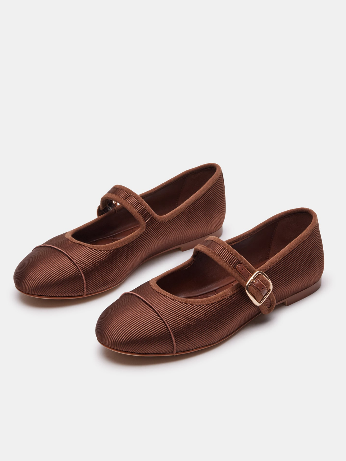 Brown Cloth Round-Toe Bridge Strap Side Buckle Mary Janes Ballet Flats