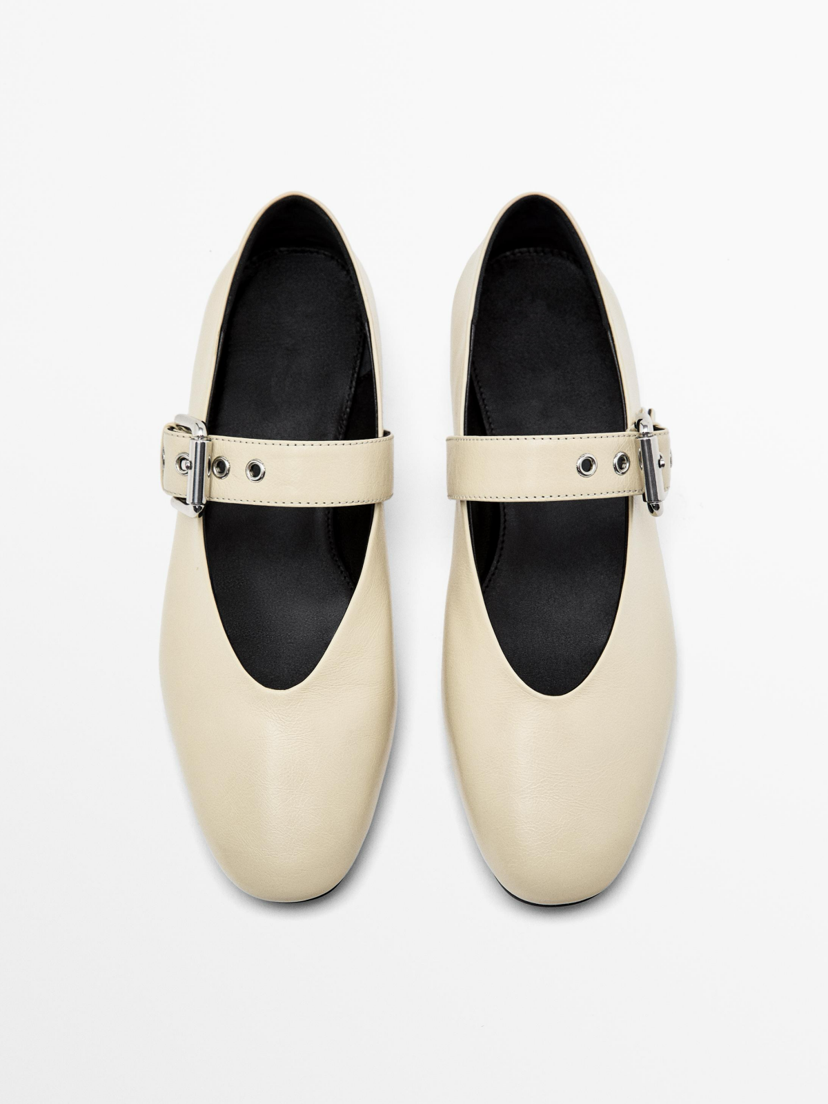 Cream Square-Toe Bridge Strap Side Buckle Mary Janes Ballet Flats