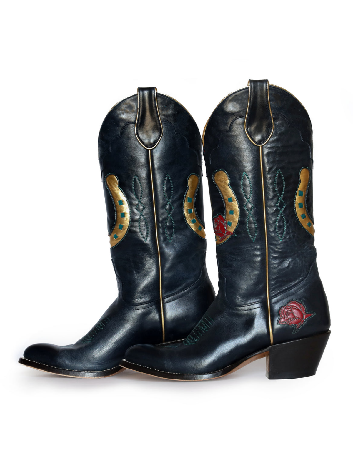 Navy Almond-Toe Rose And Metallic Gold Inlay Wide Mid Calf Cowgirl Boots With Running Stitch