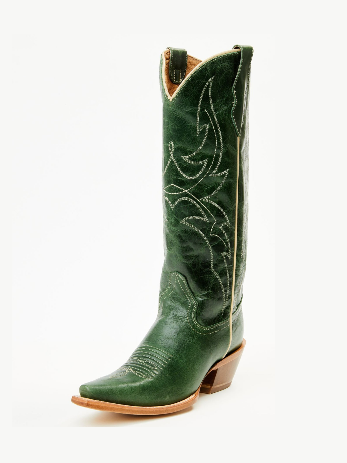 Distressed Green Snip-Toe Embroidery Wide Calf Knee High Cowgirl Boots