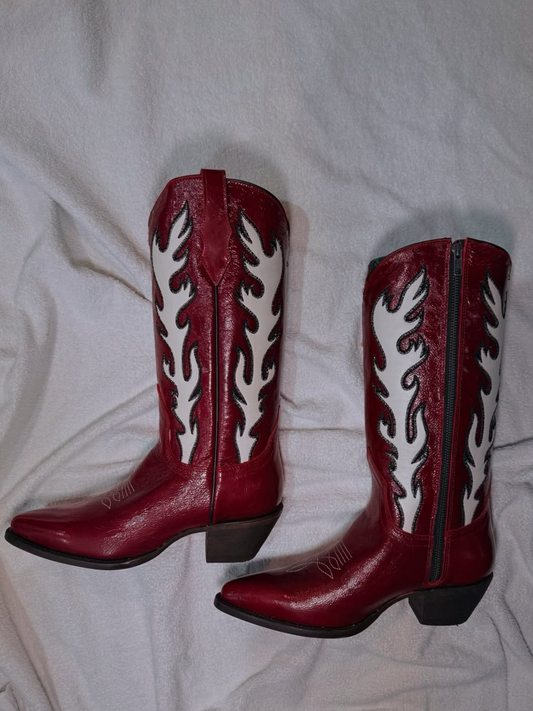 Patent Red Snip-Toe White Flame Applique Full-Zip Mid Calf Cowgirl Boots