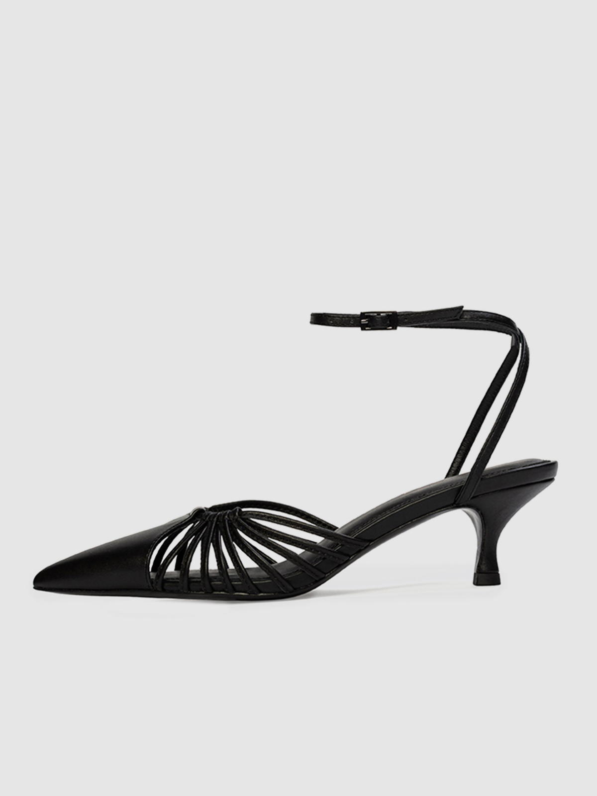 Black Pointed-Toe Strappy Pump Ankle Strap Kitten Heels