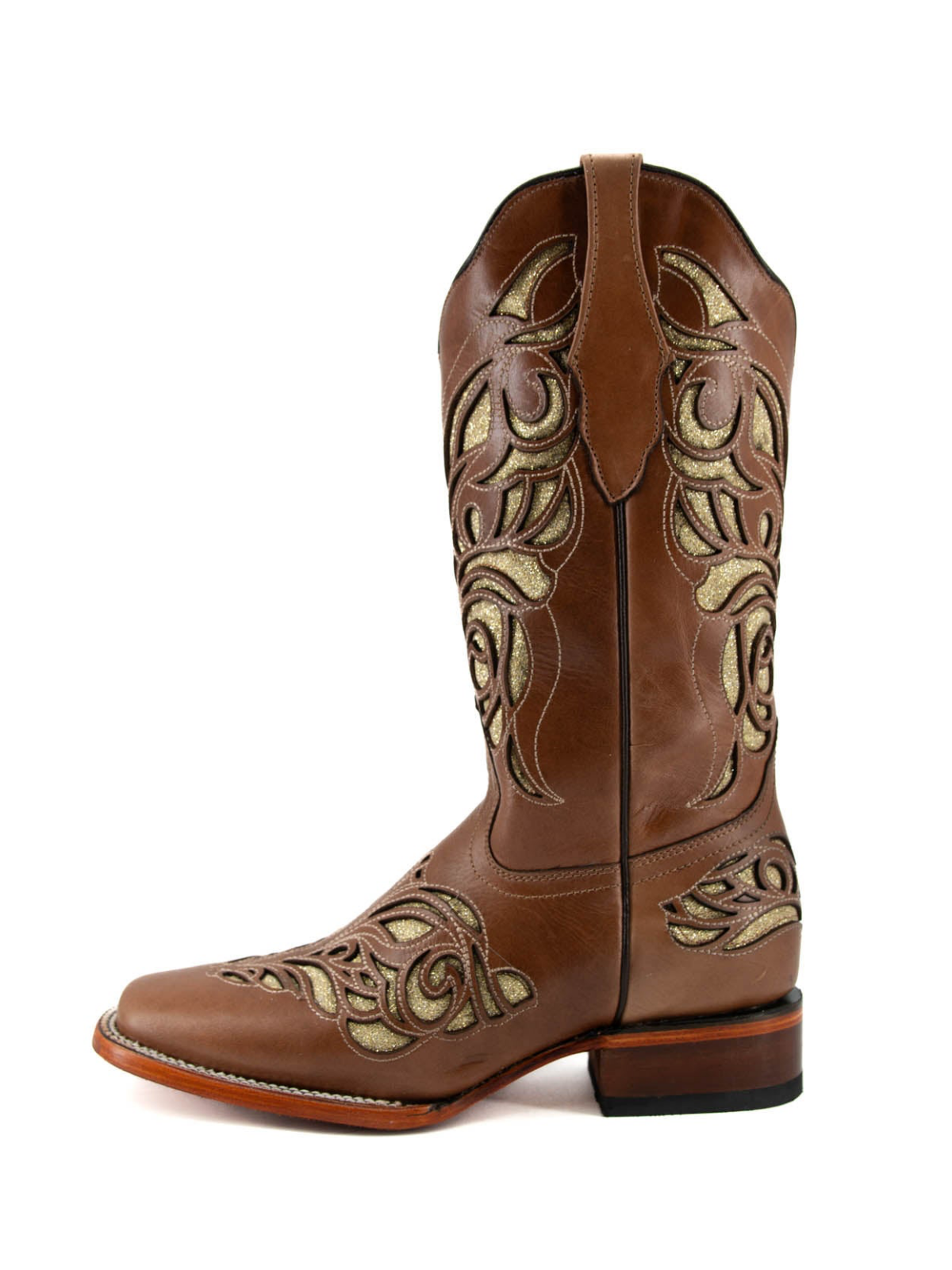 Brown Square-Toe Inlay Giltter Wide Mid Calf Cowgirl Boots