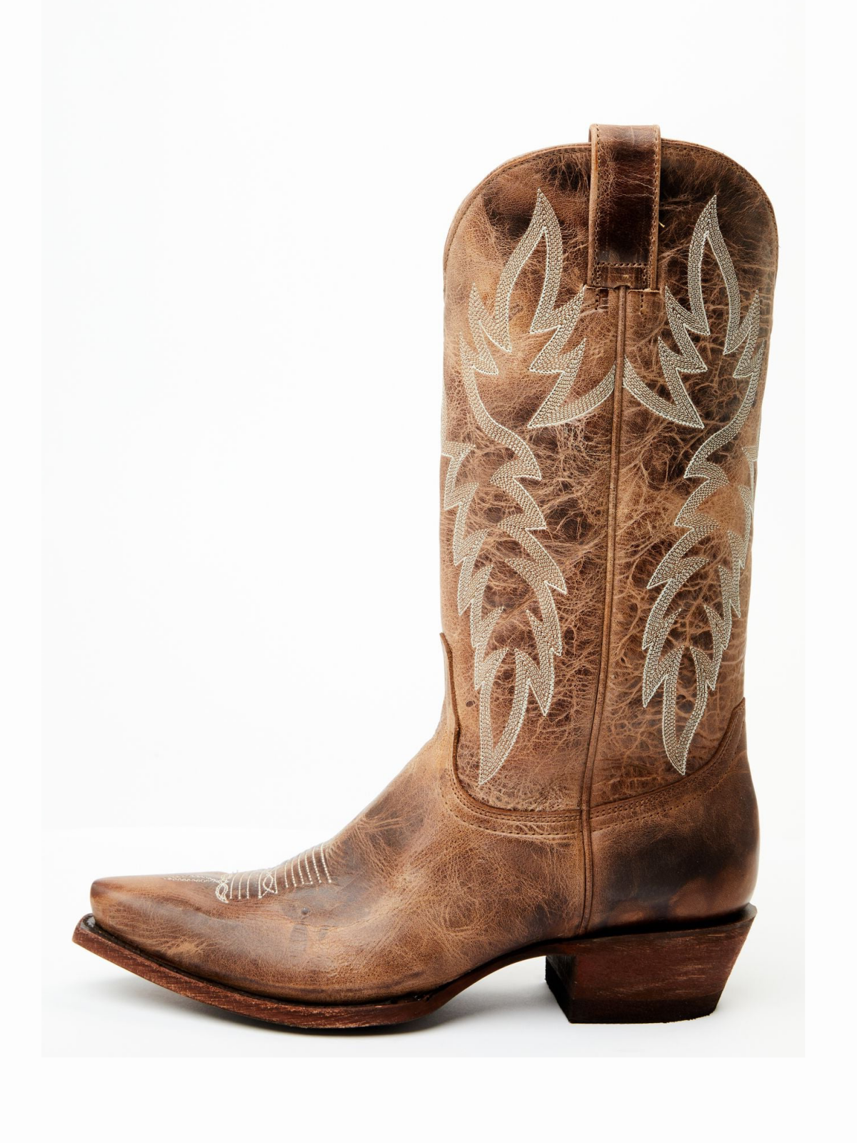 Distressed Classic Embroidery Snip-Toe Wide Mid Calf Tall Cowgirl Boots - Tan