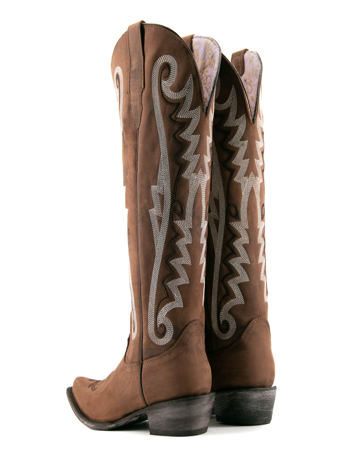 Brown Snip-Toe Half-Zip Embroidery Tall Knee High Cowgirl Boots