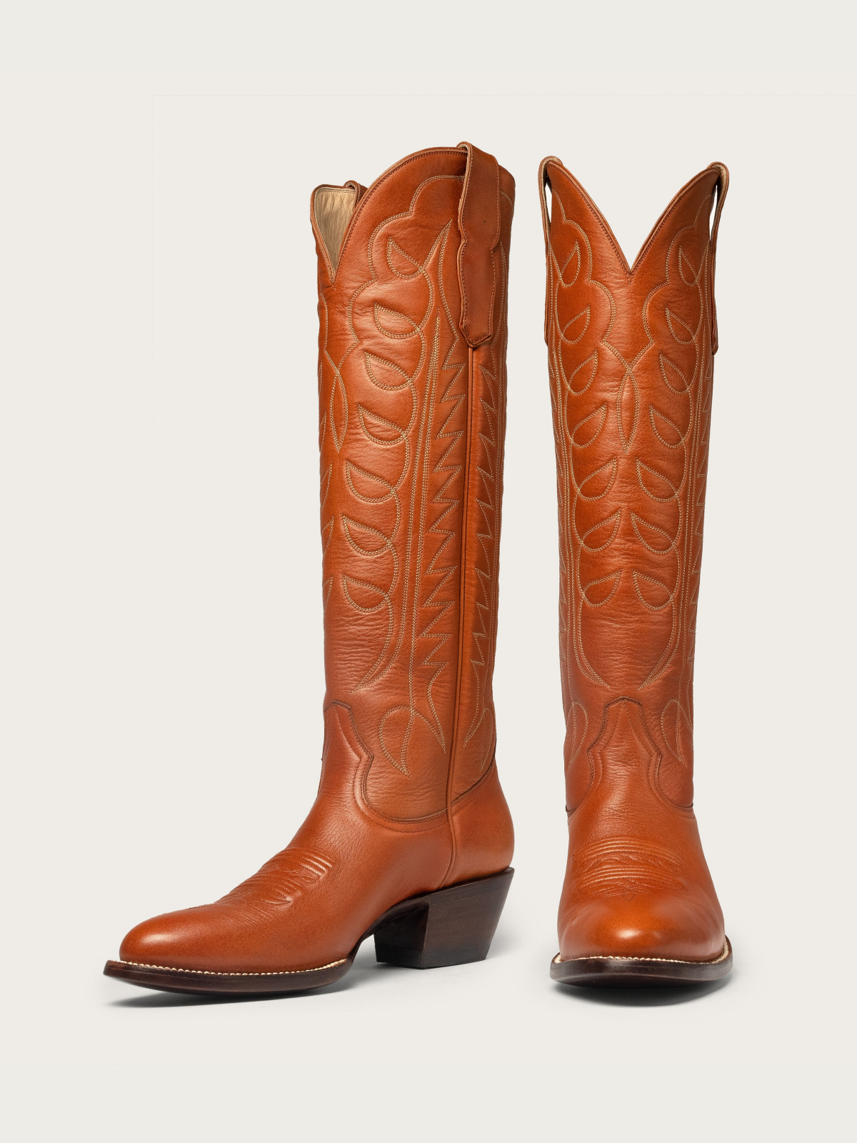 Cinnamon Brown Embroidery Almond-Toe Wide Mid Calf Tall Cowgirl Boots