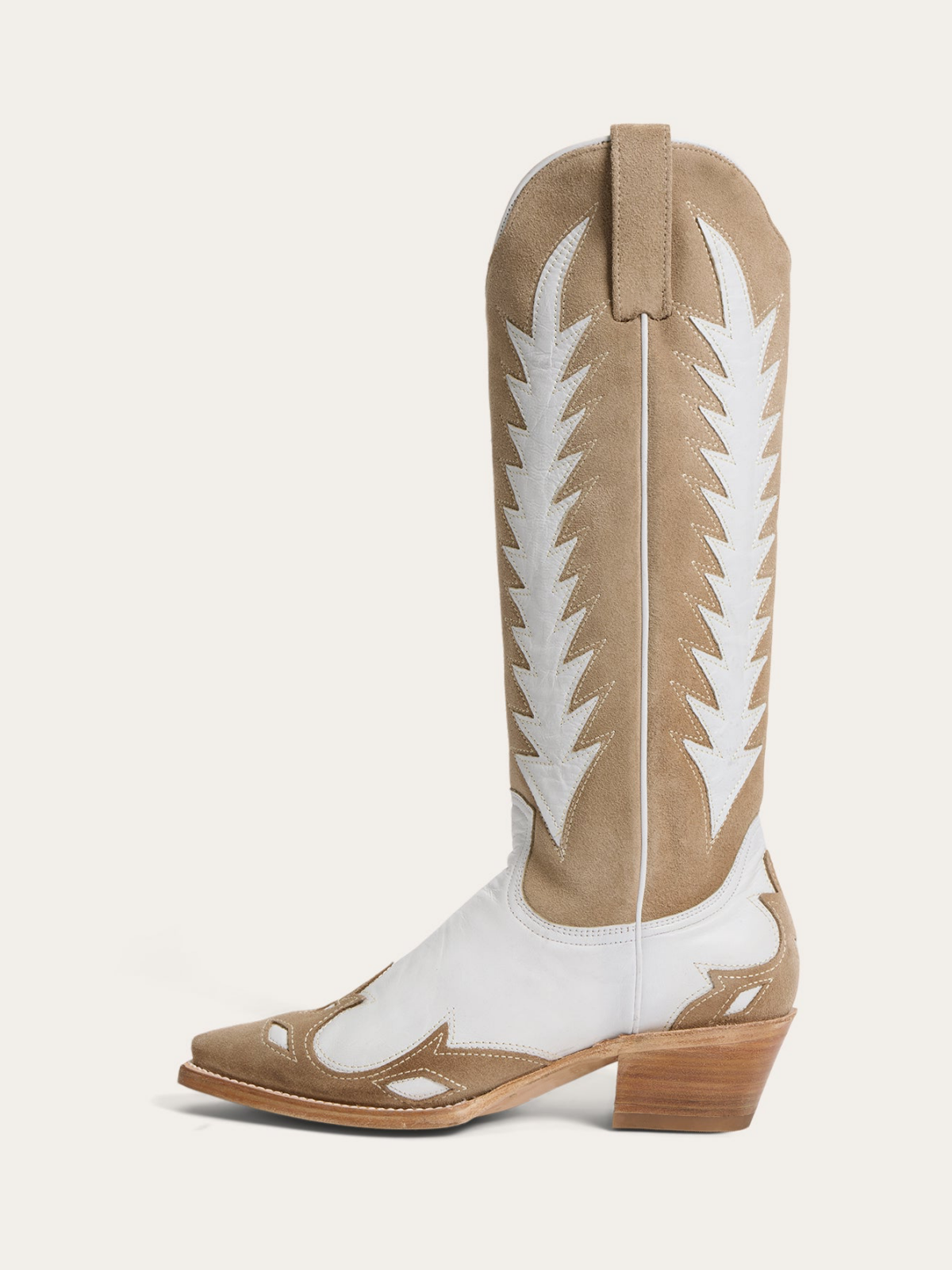 Contrast White And Tan Faux Suede Snip-Toe Flame Applique Wide Mid Calf Tall Cowgirl Boots