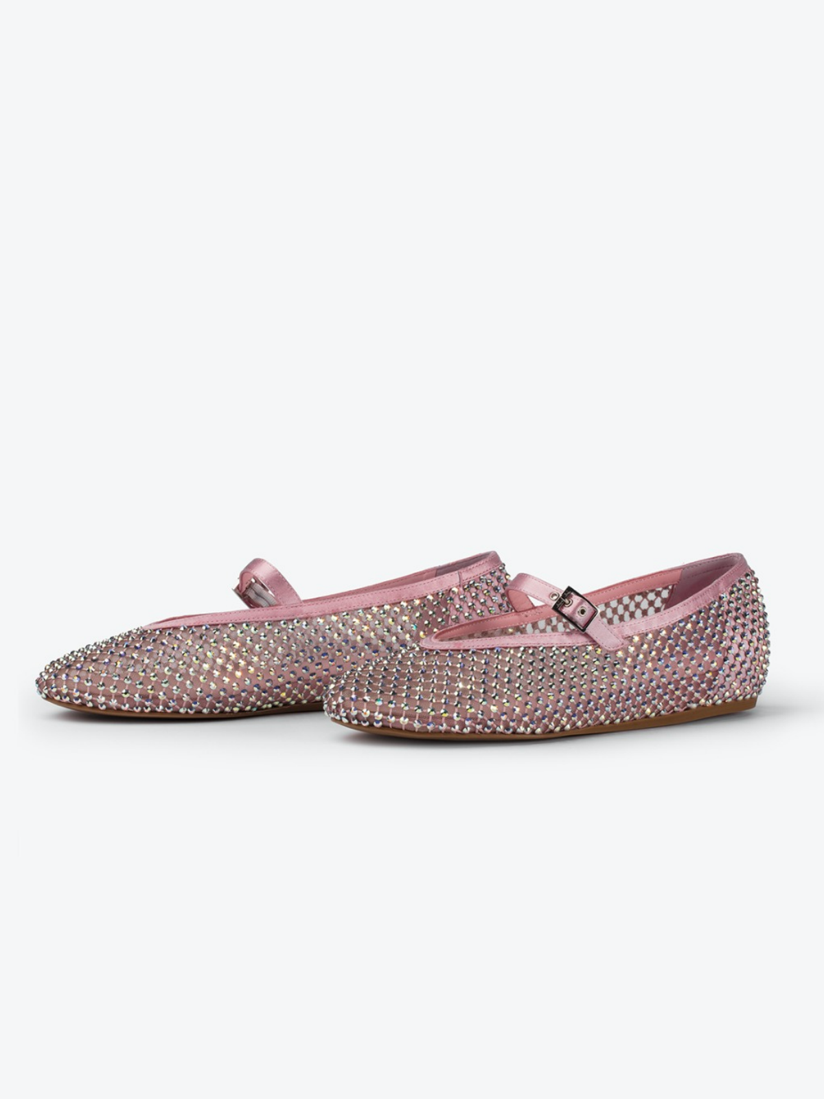 Pink Satin Iridescent Rhinestone Fishnet Round-Toe Ballet Flats Mary Janes